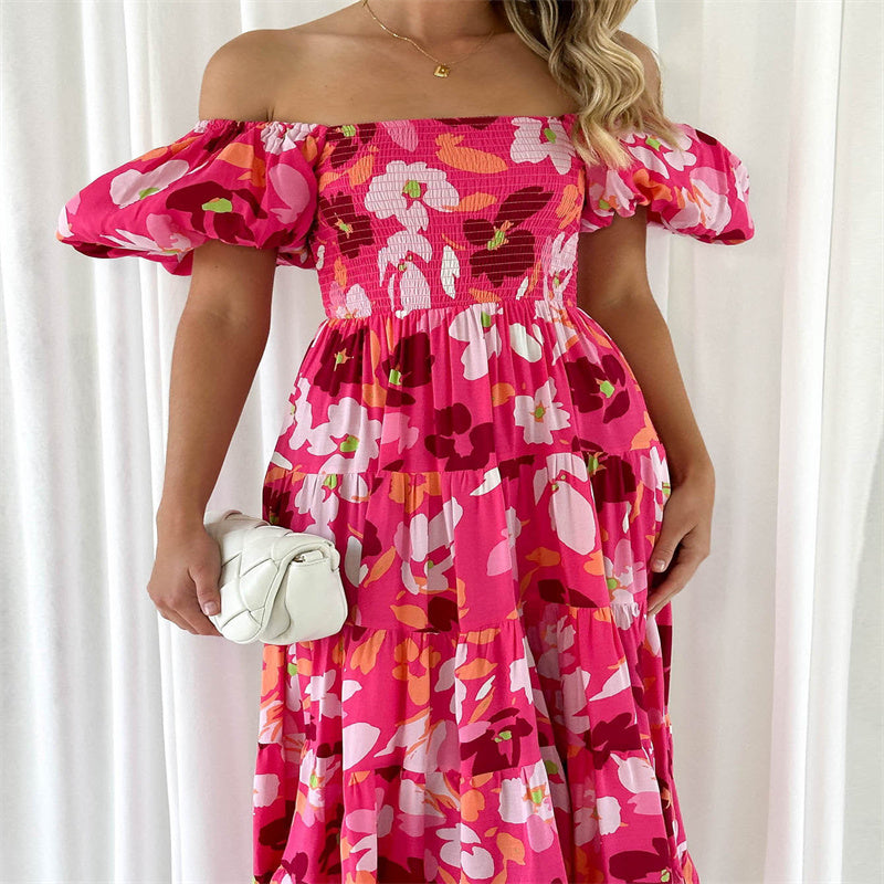 Ladies Printed High Waist A-line Bubble Sleeve Dress