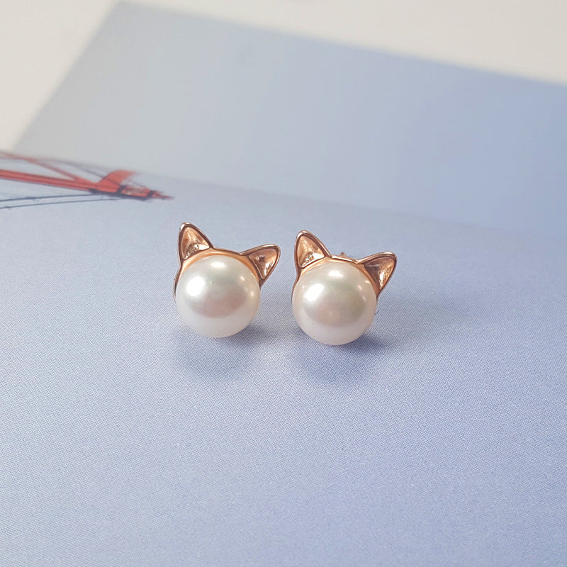 925 Silver Freshwater Pearl Cat Ear Earrings