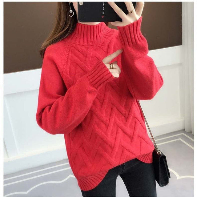 Autumn Winter Women's High-Neck Slim Rib Knit Sweater