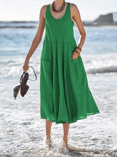 Sleeveless Long U-neck Pocket Dress in Cotton Linen