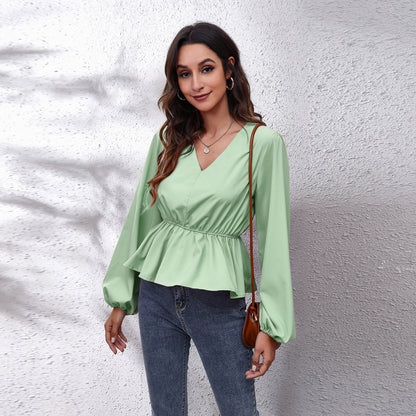 Elegant Women's Casual Shirt with Lantern Sleeves