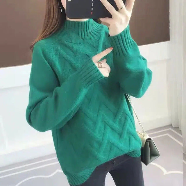 Autumn Winter Women's High-Neck Slim Rib Knit Sweater