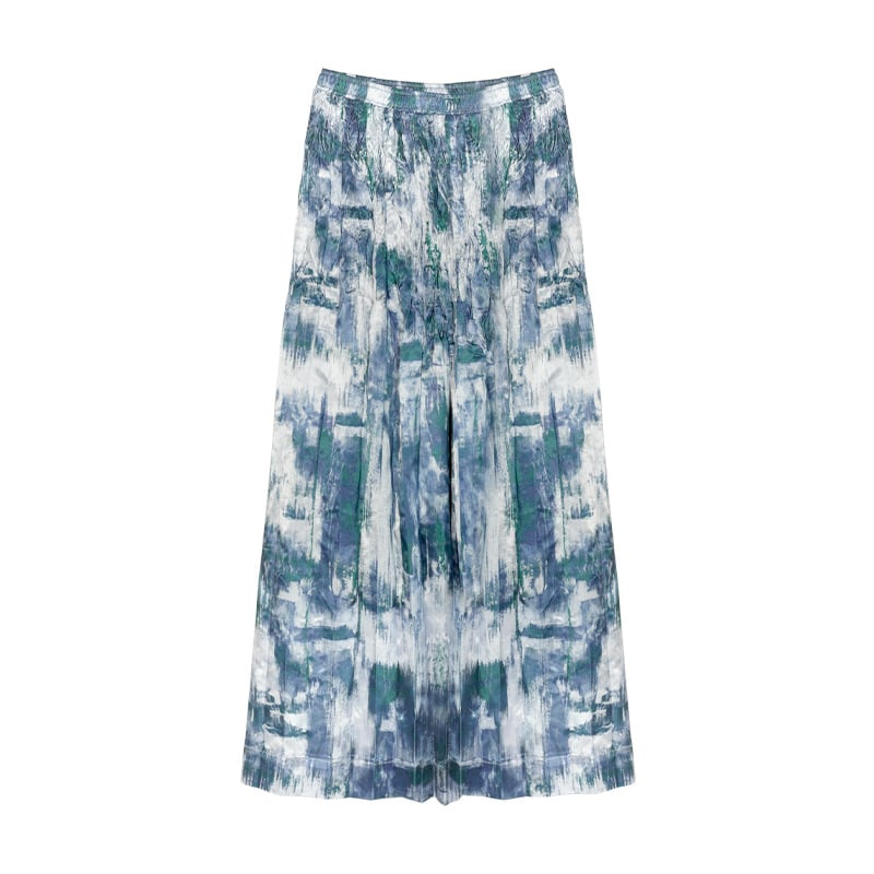 Acetate Print Pleated Skirt with Hem Slit