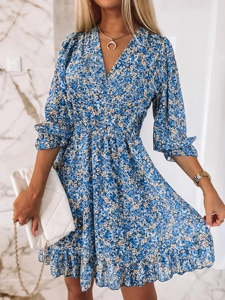 Bohemian Floral Midi Dress with Cinched Waist